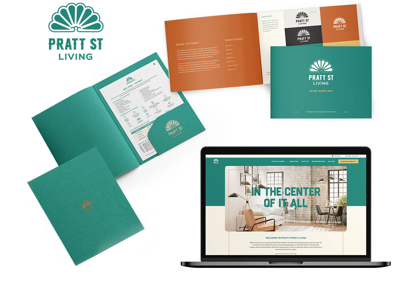 Pratt St Living logo, Pratt St Living brand guidelines, and Pratt St leasing folder