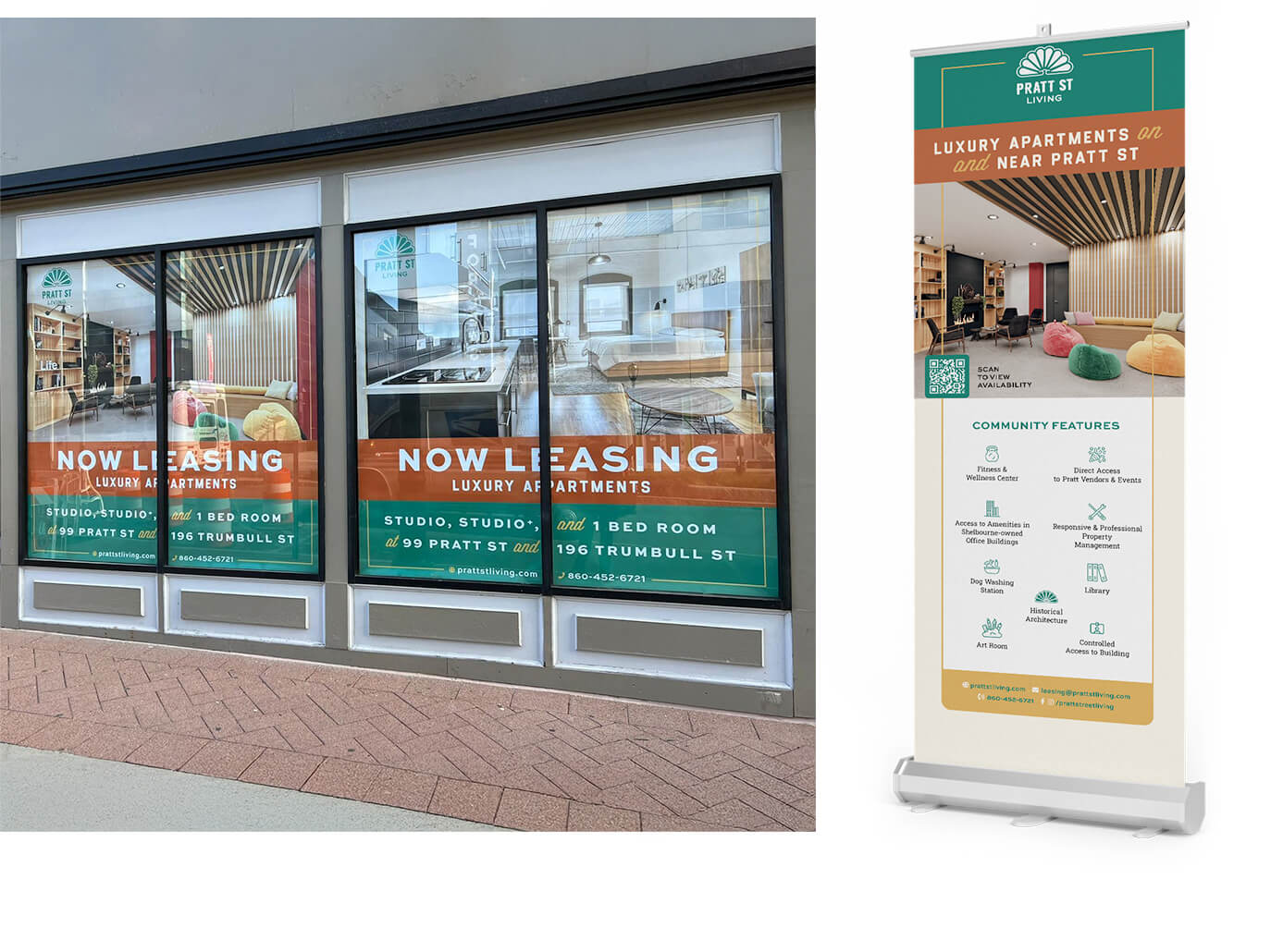 Pratt St Living leasing window signs, and roll up banner